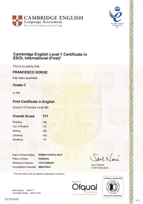 Certificato d'inglese livello B2 con un punteggio medio di 171 e 180 in scrittura (livello C1)