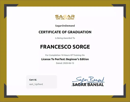 Certificate of Graduation on PenTest: Beginner's Edition emessa da Sagar Bansal