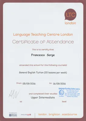 Certificato di frequenza in una scuola di Londra emessa da LTC London