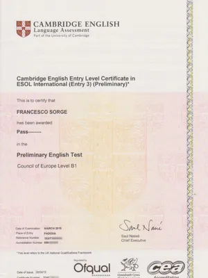 Certificato d'inglese livello B1